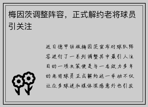 梅因茨调整阵容，正式解约老将球员引关注